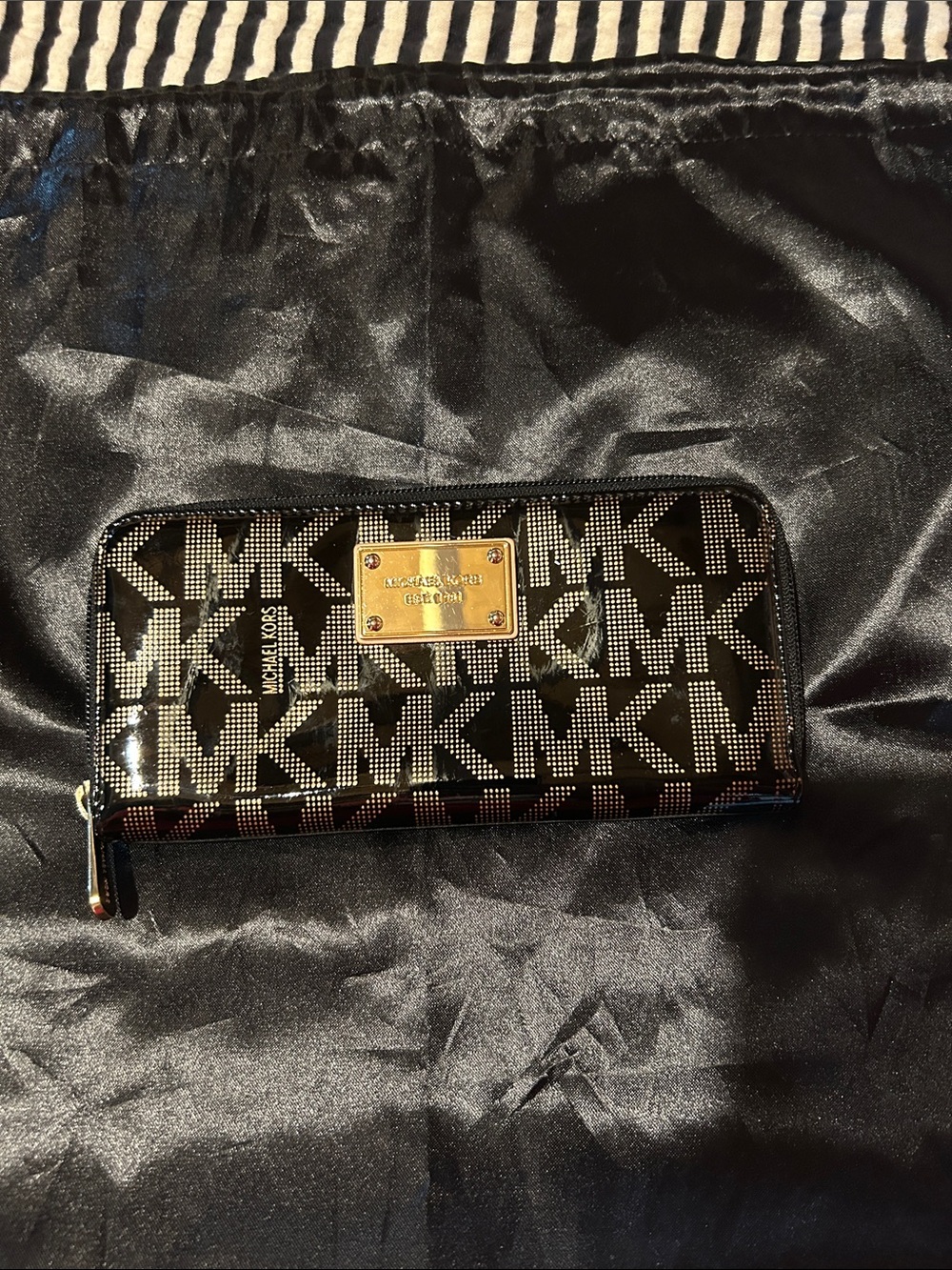 Michael Kors Black MK Logo Zip Wallet with Gold Plaque